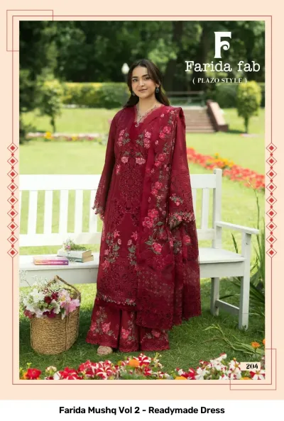 Farida Mushq Vol 2 - Readymade Dress: A maroon palazzo-style salwar suit with floral thread embroidery and matching dupatta.