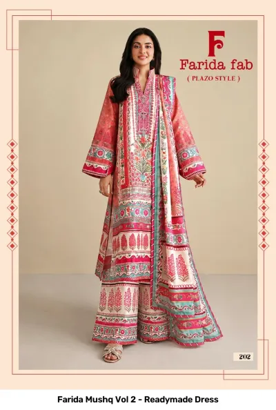 Farida Mushq Vol 2 - Readymade Dress: A cream and pink printed palazzo salwar suit featuring floral patterns and a matching dupatta.