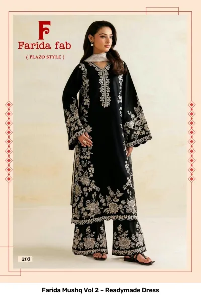 Farida Mushq Vol 2 - Readymade Dress: A black palazzo-style salwar suit featuring white thread work embroidery and matching dupatta.