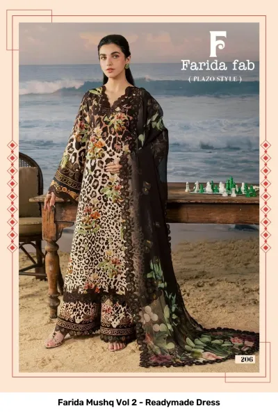Farida Mushq Vol 2 - Readymade Dress: A brown and black animal print salwar suit with floral detailing and a matching dupatta.