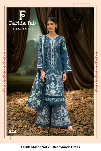 Farida Mushq Vol 2 - Readymade Dress: A dark blue printed palazzo salwar suit with floral patterns and a matching dupatta.
