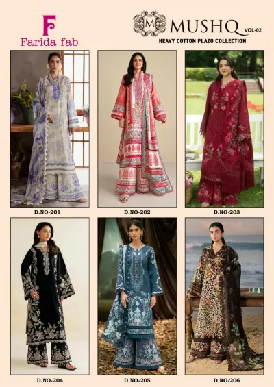 Farida Mushq Vol 2 - Readymade Dress: A catalog collage displaying six different styles of readymade palazzo salwar suits.
