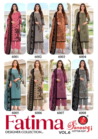 Ganeshji Fatima Vol 6: Catalog collage showcasing eight different designs of printed cotton salwar suits with various floral patterns and color combinations.