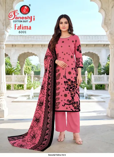 Ganeshji Fatima Vol 6: Pink printed cotton salwar suit with black floral patterns, matching dupatta, and plain trousers.