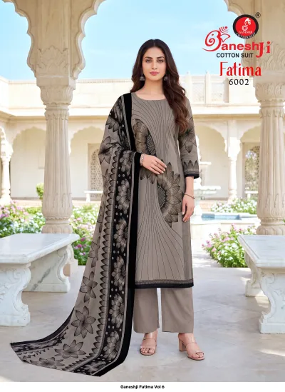 Ganeshji Fatima Vol 6: Grey printed cotton salwar suit with black botanical patterns, matching dupatta, and plain trousers.