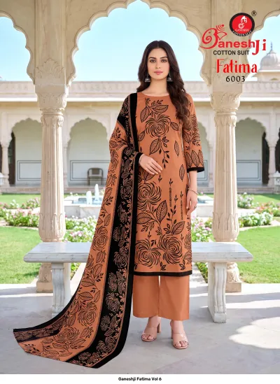 Ganeshji Fatima Vol 6: Brown printed cotton salwar suit with black floral patterns, matching dupatta, and plain trousers.