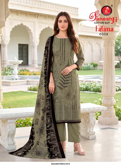 Ganeshji Fatima Vol 6: Olive green printed cotton salwar suit with black botanical patterns, matching dupatta, and plain trousers.