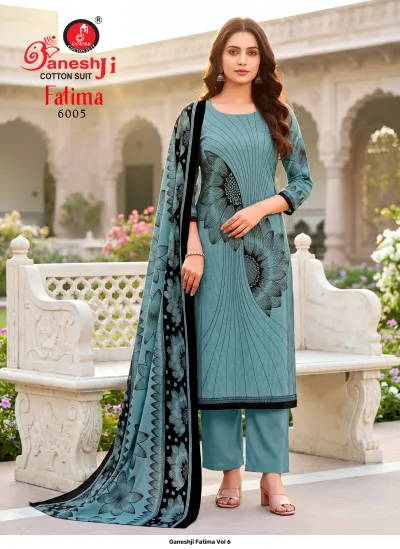 Ganeshji Fatima Vol 6: Teal blue printed cotton salwar suit with black floral patterns, matching dupatta, and plain trousers.