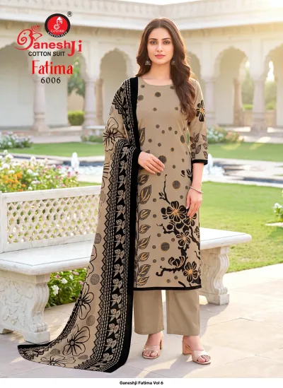 Ganeshji Fatima Vol 6: Beige printed cotton salwar suit with black botanical patterns, matching dupatta, and plain trousers.