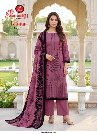 Ganeshji Fatima Vol 6: Mauve printed cotton salwar suit with black botanical patterns, matching dupatta, and plain trousers.