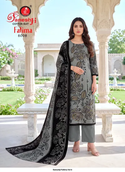 Ganeshji Fatima Vol 6: Grey printed cotton salwar suit with black rose patterns, matching dupatta, and plain trousers.