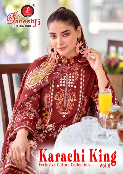 Ganeshji Karachi King Vol 8: Maroon cotton salwar suit with intricate paisley and floral prints, paired with a matching printed dupatta.