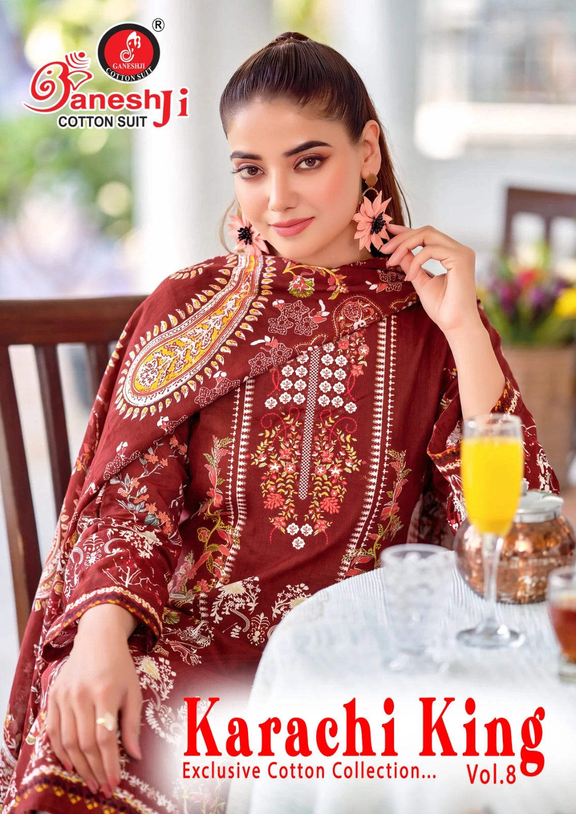 Ganeshji Karachi King Vol 8: Maroon cotton salwar suit with intricate paisley and floral prints, paired with a matching printed dupatta.