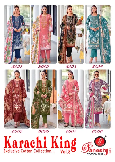 Ganeshji Karachi King Vol 1: Catalog collage displaying eight distinct cotton salwar suits with various floral prints and embroidery.