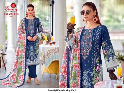 Ganeshji Karachi King Vol 1: Blue cotton salwar suit set, featuring printed floral patterns and delicate thread work on the front bodice.