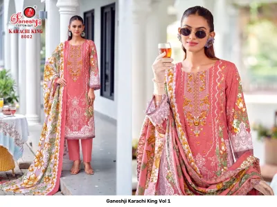 Ganeshji Karachi King Vol 1: Pink cotton salwar suit featuring intricate printed floral patterns and subtle thread embellishments on the neckline.