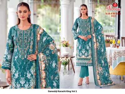 Ganeshji Karachi King Vol 1: Teal cotton salwar suit with detailed botanical prints and embroidery work along the front panel.