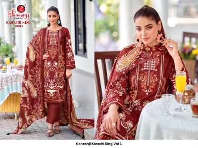Ganeshji Karachi King Vol 1: Maroon cotton salwar suit featuring traditional paisley and ethnic floral prints with light embroidery.