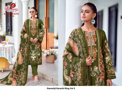 Ganeshji Karachi King Vol 1: Olive green cotton salwar suit with detailed ethnic floral prints and refined thread work on the bodice.