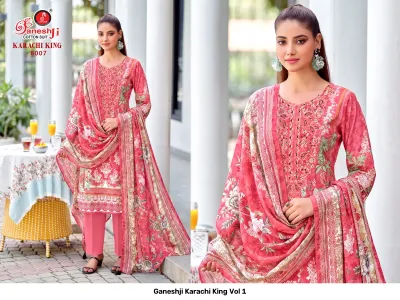 Ganeshji Karachi King Vol 1: Pink cotton salwar suit set with all-over floral print design and subtle embroidery on the chest.