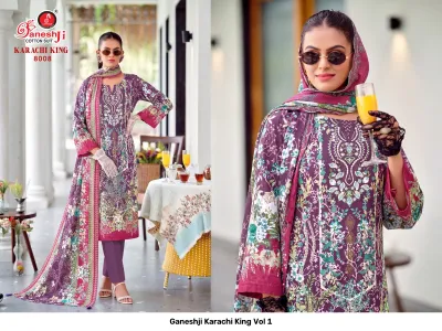 Ganeshji Karachi King Vol 1: Purple cotton salwar suit with intricate floral patterns and detailed embroidery work on the front.