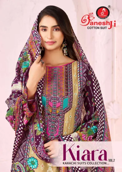 Ganeshji Kiara Vol 2, model wearing a purple printed cotton salwar suit with a patterned dupatta, no heavy embroidery.