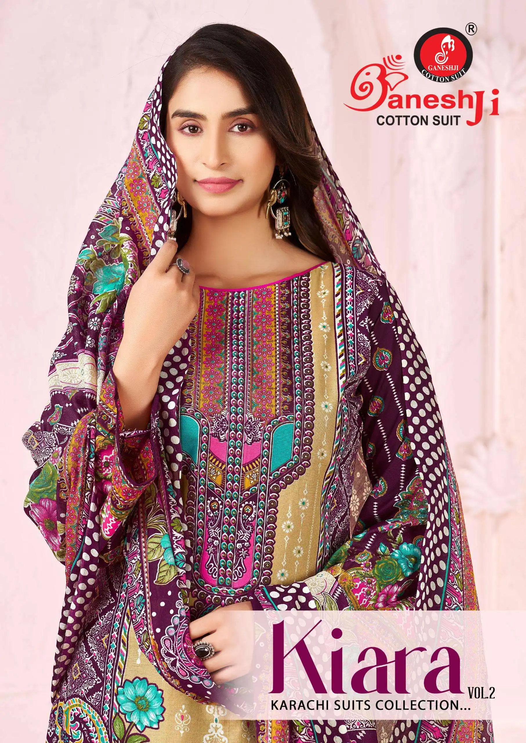 Ganeshji Kiara Vol 2, model wearing a purple printed cotton salwar suit with a patterned dupatta, no heavy embroidery.