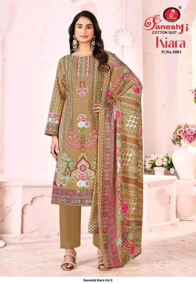Ganeshji Kiara Vol 2, model wearing a tan printed cotton salwar suit with floral details and a matching dupatta.