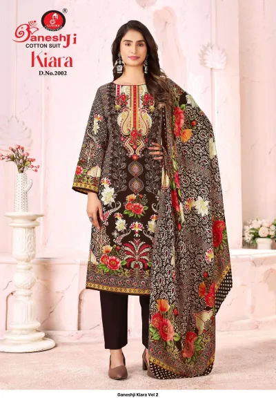 Ganeshji Kiara Vol 2, model wearing a dark brown floral printed cotton salwar suit with a coordinating printed dupatta.