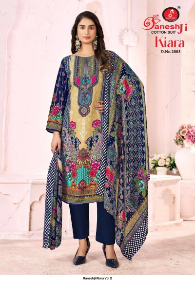 Ganeshji Kiara Vol 2, model wearing a navy blue printed cotton salwar suit with decorative patterns and a matching dupatta.