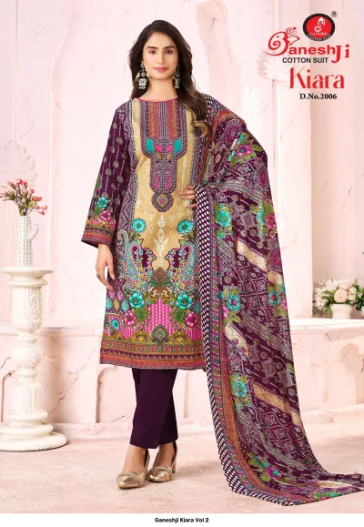 Ganeshji Kiara Vol 2, model wearing a dark purple printed cotton salwar suit with a multi-colored floral dupatta.