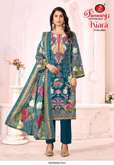 Ganeshji Kiara Vol 2, model wearing a teal printed cotton salwar suit with floral motifs and a coordinating dupatta.