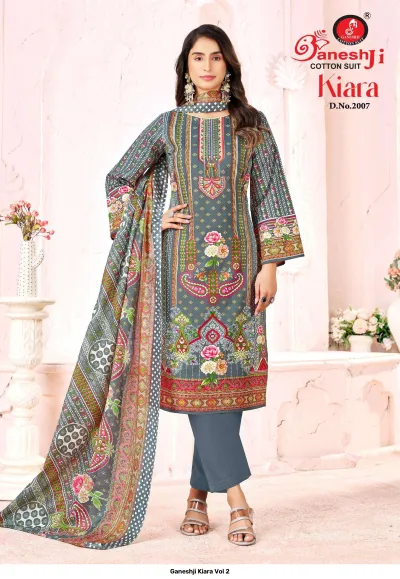 Ganeshji Kiara Vol 2, model wearing a grey printed cotton salwar suit with floral and geometric patterns and a dupatta.