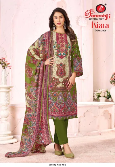Ganeshji Kiara Vol 2, model wearing an olive green printed cotton salwar suit with paisley and floral prints and a dupatta.