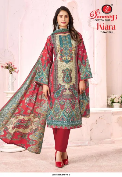 Ganeshji Kiara Vol 2, model wearing a red printed cotton salwar suit with paisley patterns and a matching dupatta.
