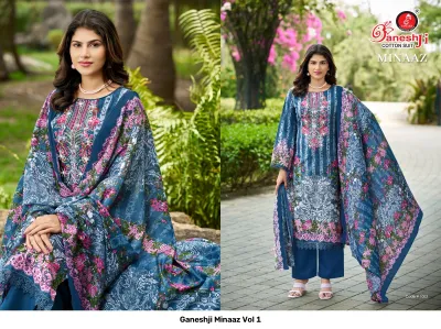 Ganeshji Minaaz Vol 1 design 4 of 10 — Soft Cotton Unstitched Dress Materials with print, embroidery by Ganeshji Cotton Suit, wholesale Surat