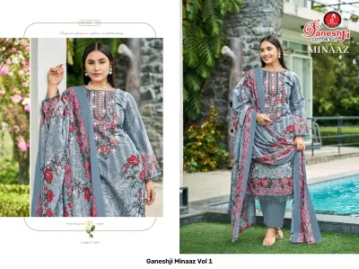 Ganeshji Minaaz Vol 1 design 6 of 10 — Soft Cotton Unstitched Dress Materials with print, embroidery by Ganeshji Cotton Suit, wholesale Surat