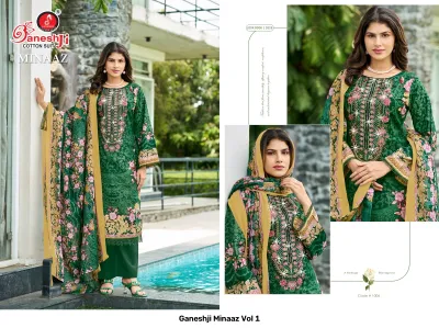 Ganeshji Minaaz Vol 1 design 7 of 10 — Soft Cotton Unstitched Dress Materials with print, embroidery by Ganeshji Cotton Suit, wholesale Surat
