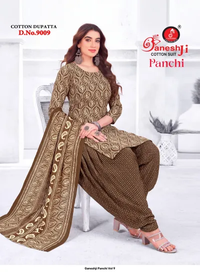 Ganeshji Panchi Vol 9: brown cotton salwar suit with a paisley print on the kurti and a small dotted pattern on the salwar.