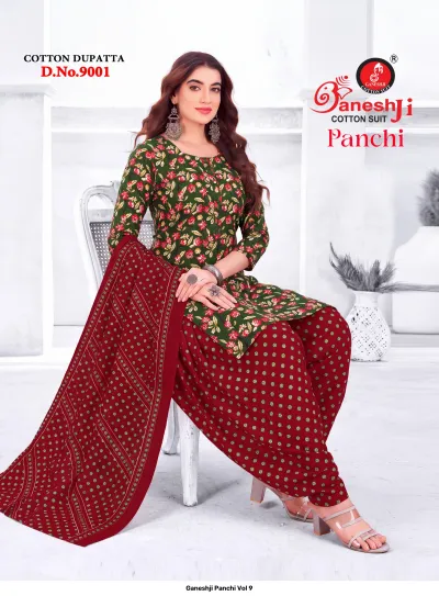 Ganeshji Panchi Vol 9: green and red floral printed cotton salwar suit with a red dotted patterned salwar and dupatta.