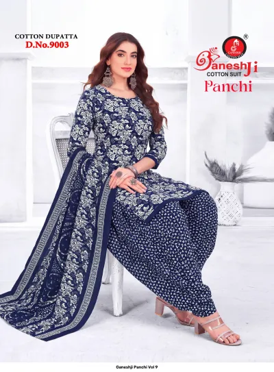 Ganeshji Panchi Vol 9: blue cotton salwar suit set with white floral print on the kurti and small dotted salwar print.