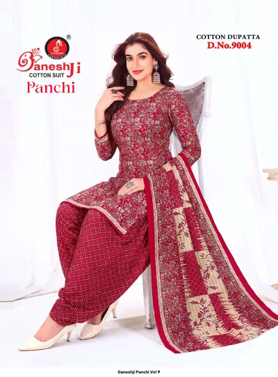 Ganeshji Panchi Vol 9: red cotton salwar suit featuring an intricate print on the kurti and a small-patterned red salwar.