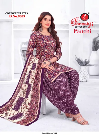 Ganeshji Panchi Vol 9: purple cotton salwar suit with a floral printed kurti and a small dotted pattern on the salwar.