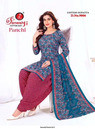 Ganeshji Panchi Vol 9: teal cotton salwar suit featuring a paisley print on the kurti and a contrasting red patterned salwar.