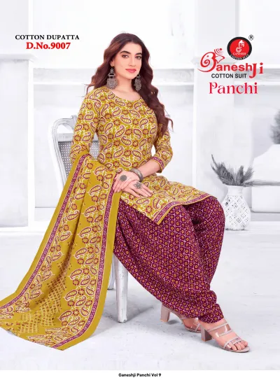 Ganeshji Panchi Vol 9: yellow and brown cotton salwar suit with a floral paisley print on the kurti and dotted salwar.