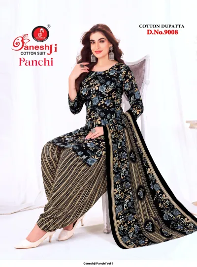 Ganeshji Panchi Vol 9: black cotton salwar suit with a floral print kurti and a black and gold striped salwar.