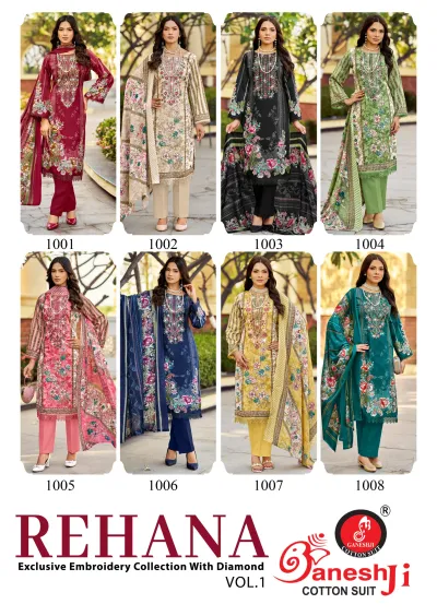 Ganeshji Rehana Vol 1, catalog collage showing all eight floral printed salwar suit designs in various colors.