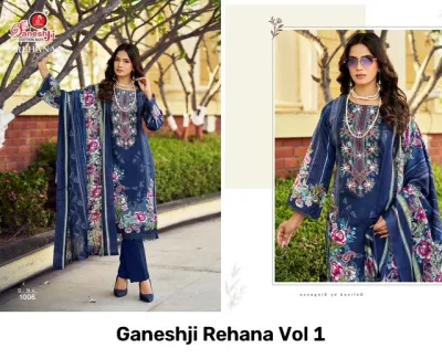Ganeshji Rehana Vol 1, navy blue salwar suit, floral printed fabric with thread and diamond embroidery work.