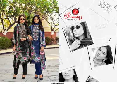 Ganeshji Rehana Vol 1, catalog cover page with lifestyle shots of models in black and navy blue floral salwar suits.
