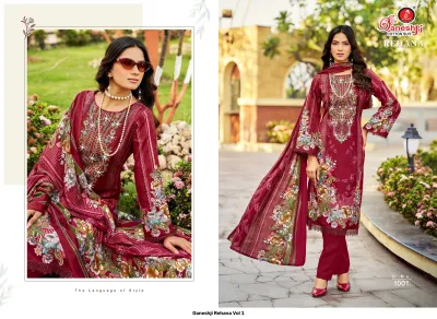 Ganeshji Rehana Vol 1, dark red salwar suit featuring floral prints, thread work, and diamond embellishments on the neckline.